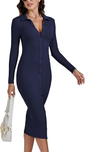 LYANER Women's Casual Ribbed Knit Button Down Collar V Neck Long Sleeve Bodycon Midi Dress in Saudi Arabia