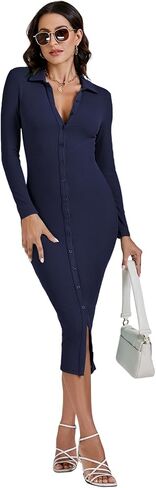 LYANER Women's Casual Ribbed Knit Button Down Collar V Neck Long Sleeve Bodycon Midi Dress in Saudi Arabia