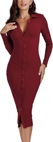 LYANER Women's Casual Ribbed Knit Button Down Collar V Neck Long Sleeve Bodycon Midi Dress in Saudi Arabia