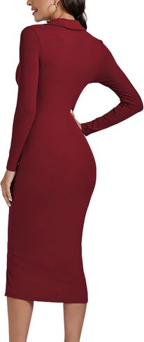 LYANER Women's Casual Ribbed Knit Button Down Collar V Neck Long Sleeve Bodycon Midi Dress in Saudi Arabia