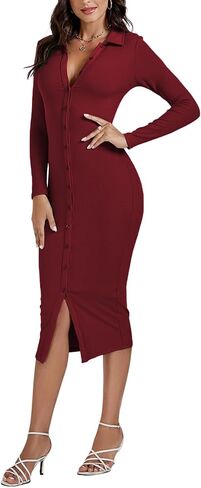 LYANER Women's Casual Ribbed Knit Button Down Collar V Neck Long Sleeve Bodycon Midi Dress in Saudi Arabia