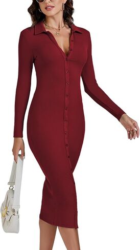 LYANER Women's Casual Ribbed Knit Button Down Collar V Neck Long Sleeve Bodycon Midi Dress in Saudi Arabia