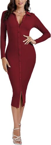 LYANER Women's Casual Ribbed Knit Button Down Collar V Neck Long Sleeve Bodycon Midi Dress in Saudi Arabia
