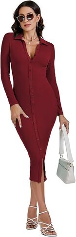 LYANER Women's Casual Ribbed Knit Button Down Collar V Neck Long Sleeve Bodycon Midi Dress in Saudi Arabia