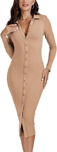 LYANER Women's Casual Ribbed Knit Button Down Collar V Neck Long Sleeve Bodycon Midi Dress in Saudi Arabia