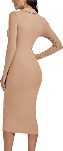 LYANER Women's Casual Ribbed Knit Button Down Collar V Neck Long Sleeve Bodycon Midi Dress in Saudi Arabia