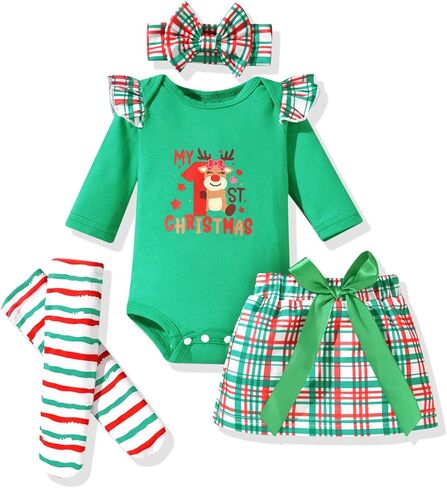 fioukiay Baby Girl My First Christmas Outfit Long Sleeve Romper Mini Skirt With Leg Warmers 4PCS Xmas Clothes Set in Kuwait