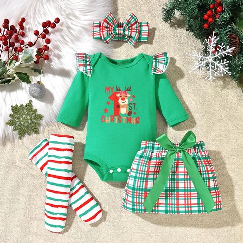 fioukiay Baby Girl My First Christmas Outfit Long Sleeve Romper Mini Skirt With Leg Warmers 4PCS Xmas Clothes Set in Kuwait