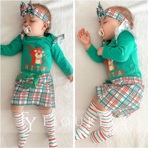 fioukiay Baby Girl My First Christmas Outfit Long Sleeve Romper Mini Skirt With Leg Warmers 4PCS Xmas Clothes Set in Kuwait