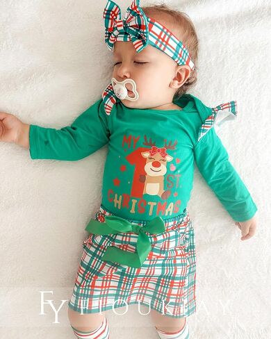 fioukiay Baby Girl My First Christmas Outfit Long Sleeve Romper Mini Skirt With Leg Warmers 4PCS Xmas Clothes Set in Kuwait