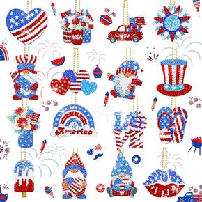 Sasylvia 16 قطعة من سلاسل المفاتيح الماسية مجموعات 4th of July Diamond Art Keychain 5D National Diamond Painting Key Rings American Flag Gnome Painting Ornament for DIY Craft يوم الاستقلال