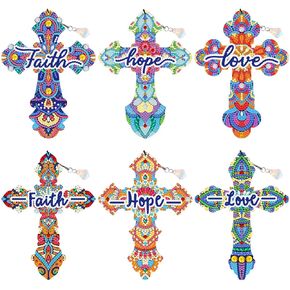 6 Pieces Cross Diamond Art Painting Bookmarks Kits for Kids Adult, Tassel Crystal Acrylic Diamond Art Bookmarks, Faith Love Hope Cross Diamond Bookmarks for Home Office School Read DIY Crafts Lovers