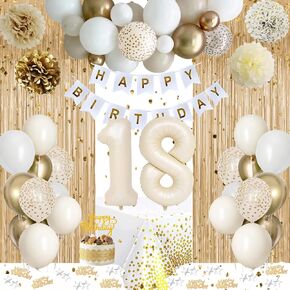 Sweet 16 Birthday Decorations, White and Gold 16th Birthday Decorations for Girls Boy 16th Happy Birthday Banner Tablecloth Fringe Curtain Cake Topper Paper Pom Poms for Girl Boys Sweet 16 Party Decor