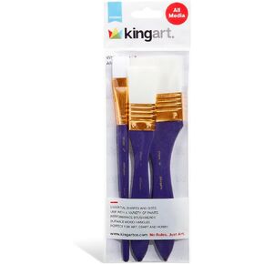 KINGART 225-3A Large Flat 3 Pc. Brush Set for Art, Craft & Hobby, 3/4", 1" & 2" Flat Wash Paintbrushes, White Nylon, Short Handle, Use with Oil, Acrylic & Water-Based Paint