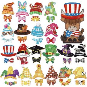 DoubleFill 42 Pcs Winter Diamond Art Kits Winter Interchangeable Wooden Table Decorations DIY Holiday Thanksgiving Party Seasonal Tiered Tray Decor Diamond Painting Magnets(Highland Cow)