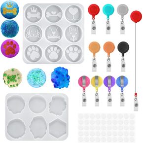 Badge Reel Resin Molds, lyfLux 2 Style Retractable Badge Reels Resin Molds, with 10 Multi Color Retractable Badge Clips, 15 Shapes Epoxy Casting Molds, for Make Badge Clips and Identity Cards