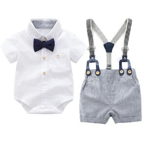 Boarnseorl Baby Boys Gentleman Outfits Shorts Sets,Infant Shirt + Shorts + Bow Tie + Suspenders