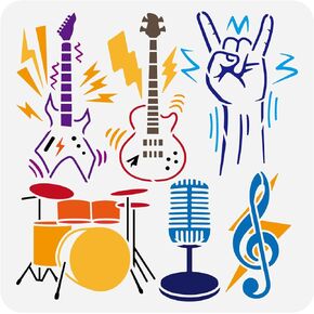 FINGERINSPIRE Music Stencil 11.8x11.8inch Reusable Rock Roll Musical Instruments Painting Template DIY Guitar Bass Drum Microphone Music Note Stencil for Painting on Wood Wall Fabric Furniture