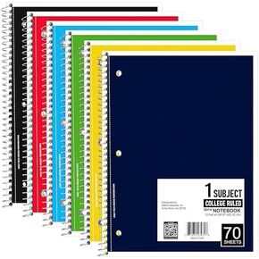 Spiral Notebook, College Ruled Notebooks (6 Pack), 70 Sheets, Single Subject, Notebooks Bulk, 6 Color Assortment, 3 Hole Perforated Sheets (6, College Ruled)
