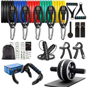 Resistance Bands Set Workout Bands，8-in-1 Ab Wheel Roller Kit with Knee Pad,Push Up Bars,Hand Grip Strengthener,Jump Rope,Home Gym Workout Exercise Equipment for Men Women