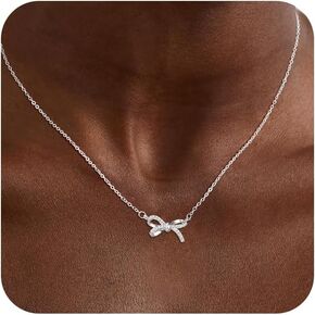 Silver Necklace for Women - Cute Bow Necklace Dainty Silver Necklace Cubic Zirconia Bow Pendant Necklace Chain Choker Necklaces for Women Trendy Jewelry