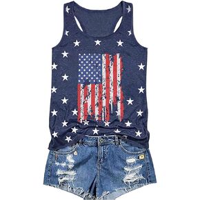 Binshre Women American Flag Tank Top USA Stars Striped Print Vest Tee Independence Day Sleeveless Muscl T Shirt