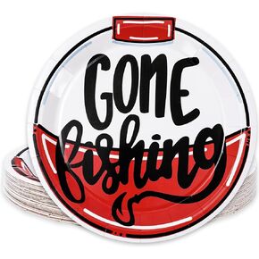 Gone Fishing Party Plates Black White Red Disposable Paper Plates Dinner Plates 9 Inch Dessert Plates for Fisherman Party Supplies Table Decor, 24Pcs
