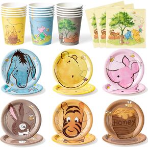Winnie Themed Party Tableware - 90PCS Winnie Plates Napkins Cups Party Set for 30 Guests Winnie Baby Show Table Decoration Winnie Theme Disposable Dinnerware for Birthday Party Supplies