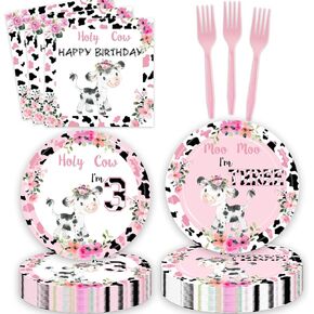 80pcs Holy Cow I'm 1/2 Girls Birthday Decorations Moo Moo I'm Half Way To First Paper Plates Napkins Forks Dinnerware for Farm Animals Cow Themed Girls 6 Months Baby Shower Bday Party Supplies