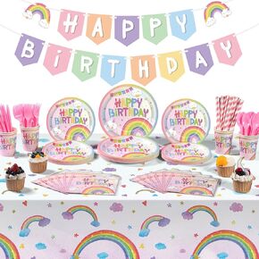 195 Pieces Rainbow Party Supplies Set Rainbow Birthday Party Pink Rainbow Clouds Happy Birthday Banner Tablecloth Plates Tableware and Decoration for Birthday Party Kids, Serves 24