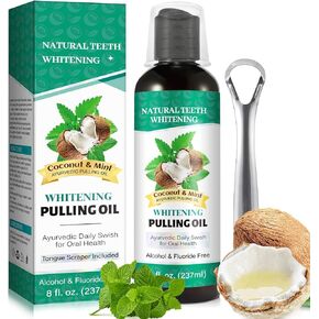 Oil Pulling 8 Fl.Oz, Coconut & Mint Pulling Oil Mouthwash for Fresh Breath & Clean Mouth, Alcohol-Free with Tongue Scraper Include for Adult