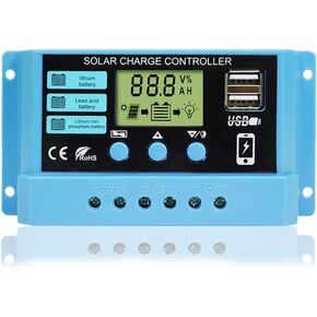 Peidesi 20A PWM Solar Charge Controller 12V 24V Panel Intelligent Regulator with 5V Dual USB Port Display Adjustable Parameter LCD and Timer Setting ON Off Hours, PDS-12V30A-CON