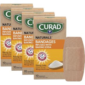 CURAD Naturals ARM & Hammer Baking Soda Adhesive Pads 4" x 4", Individually Wrapped Sterile Bandage, First Aid Kit Essential, Protects Scrapes and Cuts, Absorbent and Self-Adhesive, 6-Count Box