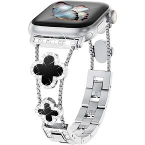 WINGLE Bling Womens Band Compatible for Apple Watch Band 45mm 44mm 42mm 40mm 41mm 38mm Series 9 8 7 6 5 4 3 2 1 SE, Sparkle Diamond Bracelet Cute Lucky 4 Leaf Clover Dressy Designer Apple Watch Bands