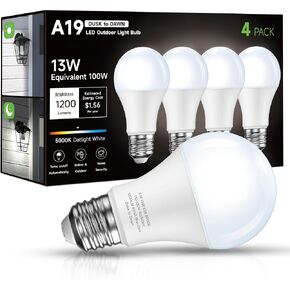 Dusk to Dawn Sensor LED Outdoor Light Bulb, Daylight White 5000K, A19 13W(100 Watt Equivalent) Bright Porch Lighting, 1200LM, Auto-On/Off Photocell Sensor for Garage Yard Patio Garden-4 Pack
