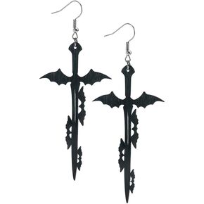 Gothic Black Bat Sword Dangle Earrings， Goth Long Drop Dark Halloween Cross Jewelry Accessories For Women Men Gifts