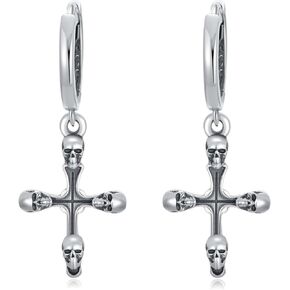 Cross Earrings 925 Sterling Silver Skull Dangle Huggie Hoop Earrings Religion Cross Jewelry Gifts for Men Women