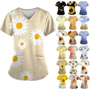 Scrub Tops for Women Short Sleeve V Neck Working Nurse Uniform Plus Size Sunflower Printed Medical Shirt