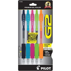 Pilot G2 Premium Retractable Gel-Ink Rolling Ball Pens, Extra Fine Point (0.5mm), Assorted, 5/Pk (14132)
