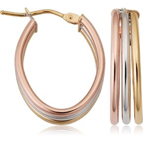 Real 14k Tricolor Yellow Gold White Gold and Rose Gold Triple Oval Hoop Earrings for Women - Made In Italy (0.9 inch height)