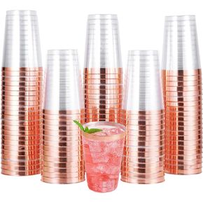 JOLLY CHEF 100 Pack Gold Plastic Cups, 12 oz Clear Plastic Cups Tumblers, Elegant Gold Rimmed Plastic Cups, Disposable Cups with Gold Rim Perfect for Wedding, Thanksgiving Day, Christmas Party Cups