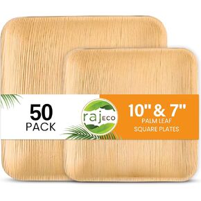 Raj Palm Leaf Plates Disposable Bamboo Plates 10 Inch & 7 Inch Square Party Pack (50 Pc) Compostable and Biodegradable - Better than Plastic & Paper Plates for Lunch, Birthday, Camping