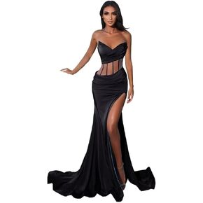 Deep V Neck Prom Dresses 2023 Long Mermaid Strapless Evening Gowns for Women High Split Wrap Pleated Formal Sexy Sheer Satin