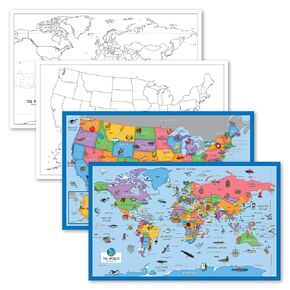 4 Pack - USA & World Map Blank Outline Posters + Illustrated USA & World Maps for Kids (LAMINATED, 18" x 29")