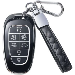 Compatible with Hyundai Key Fob Cover with Leather Lanyard, Car Key Case Shell Protection for Hyundai Sonata Nexo, 2022 Tucson 2023 Palisade Smart Remote Control,White