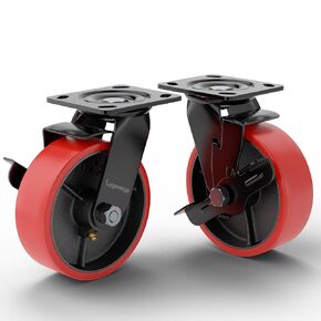 6" x 2" Fixed Heavy Duty Caster, Polyurethane Wheel, Capacity up to 2000 lbs per Set, Use for Platform Truck, Furniture, Workbenches(2 Fixed-Red)