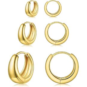 Small Gold Hoop Earrings Set for Women Chunky Hoops Huggie Earrings 3 Pairs 14k Gold Plated Hypoallergenic Lightweight Jewelry Gifts
