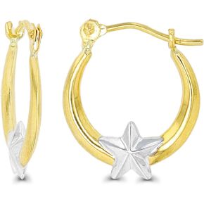14K Two Tone Gold Polished Multiple Hoop Earrings with Hinged Clasp | Dragonfly, Star and Cross | Different Shapes | Solid Gold Earrings for Women and Girls