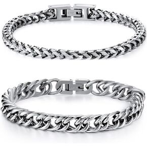 2PCS Stainless Steel Bracelets for Men: Fold Over Clasp Franco Chain & Cuban Chain - Ideal Gifts for Dad, Grandpa, Boyfriend, Husband, Son, Brother