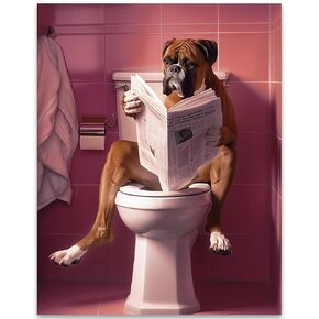 Boxer in Bathroom 11x14 Framed Poster - Goofy Dog Reading Newspaper Photo - Cute Pet Humor-Dog Lovers & Animal Enthusiasts - Veterinary Clinics, Boarding Kennels, Grooming Salons, Funny Bathroom Decor